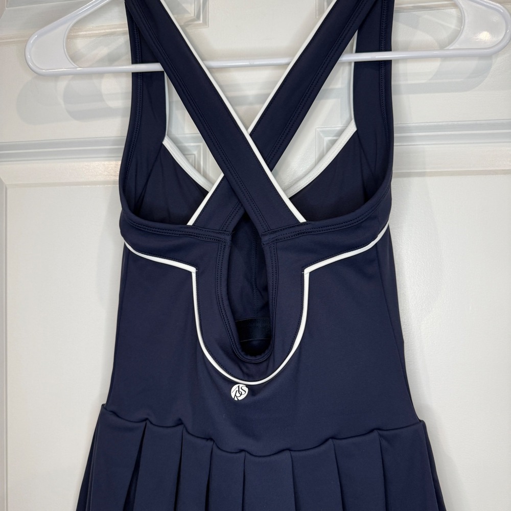 AS Revival Navy Blue Tennis Dress Pleated Skirt Cross Back White Trim Size XXS - Picture 6 of 7